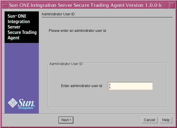 Screen capture displaying the installer screen in which you specify the administrator user ID.
