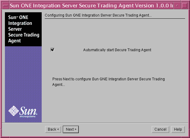 Screen capture displaying the installer screen that allows you to specify whether to start the Secure Trading Agent automatically.
