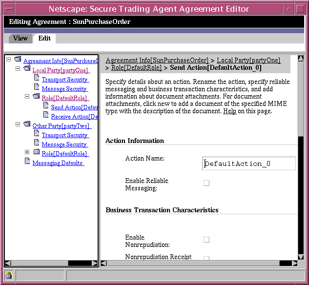 Screen capture of the Agreement Editor displaying the Action Page.

