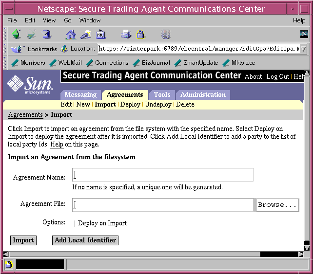 Screen capture of the Communications Center displaying the Import Agreement Page.
