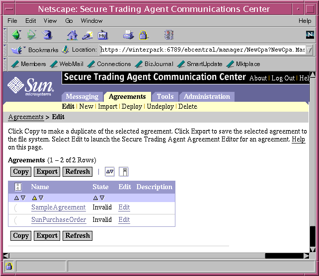 Screen capture of the Communications Center displaying the list of agreements that can be edited.
