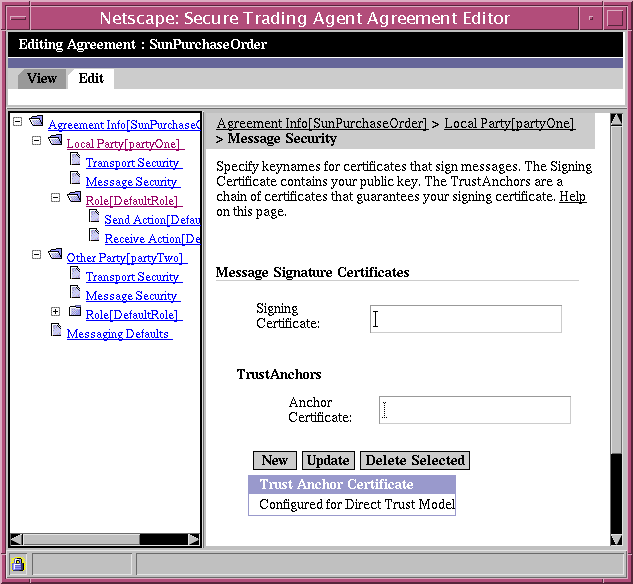 Screen capture of the Agreement Editor displaying the Message Security Page.
