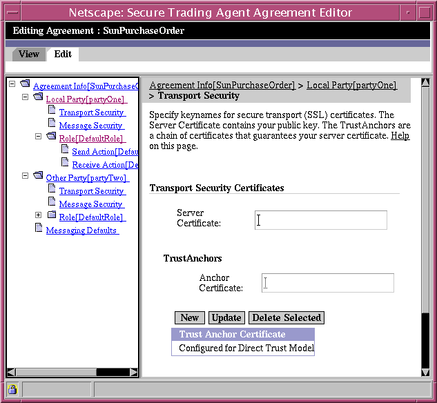 Screen capture of the Agreement Editor displaying the Transport Security Page.
