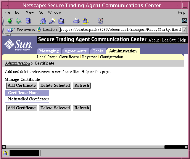 Screen capture of the Communications Center displaying Manage Certificates Page.
