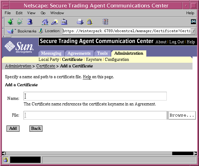 Screen capture of the Communications Center displaying the Add Certificate Page.
