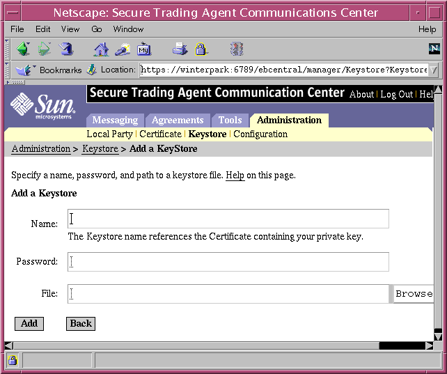 Screen capture of the Communications Center displaying the Add Keystore Page.
