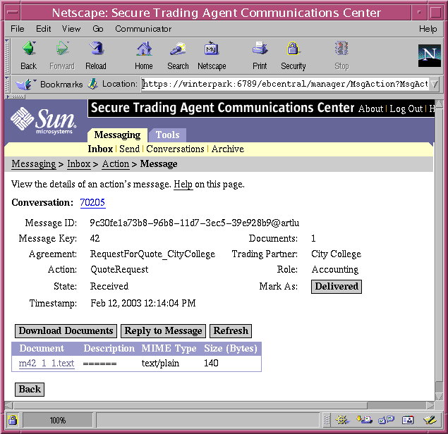 Screen capture of the Communications Center displaying message details.
