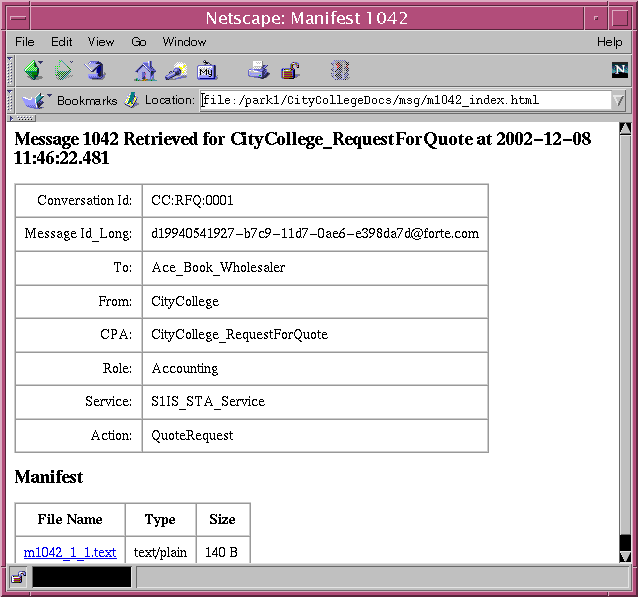 Screen capture showing the Message Manifest file displayed in a web browser.
