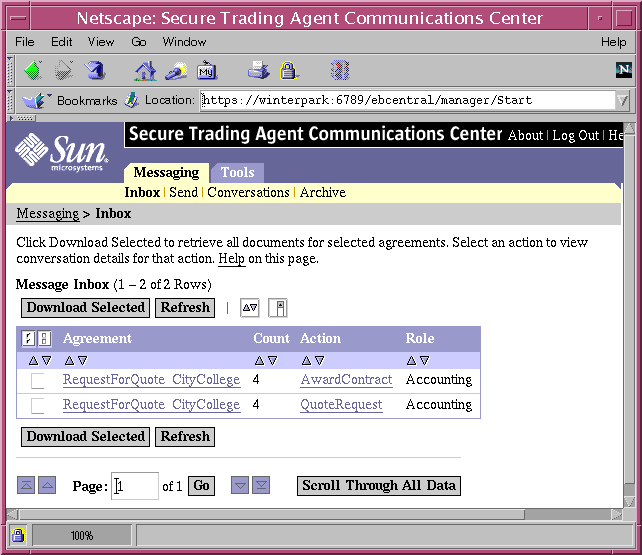 Screen capture showing the Communications Center displaying the Messaging tab for a regular user.
