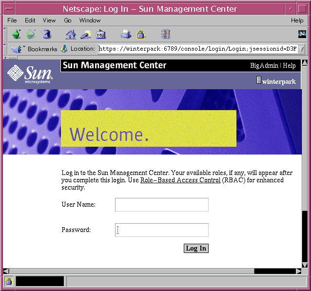 Figure showing the log in page to the Sun Management Center.
