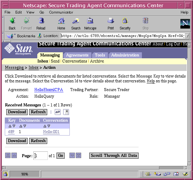 Screen capture of the Communications Center displaying a list of received messages and conversation IDs for an agreement.

