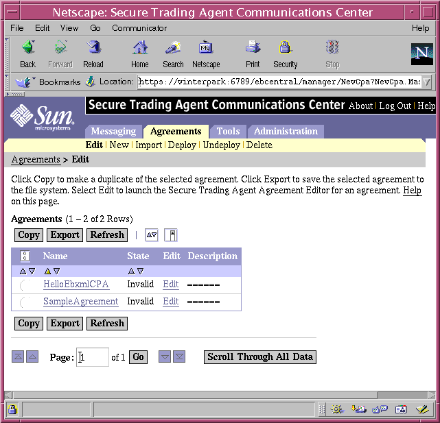 Screen capture of the Communications Center displaying the list of agreements in the system, including the HelloEbxmlCPA agreement.
