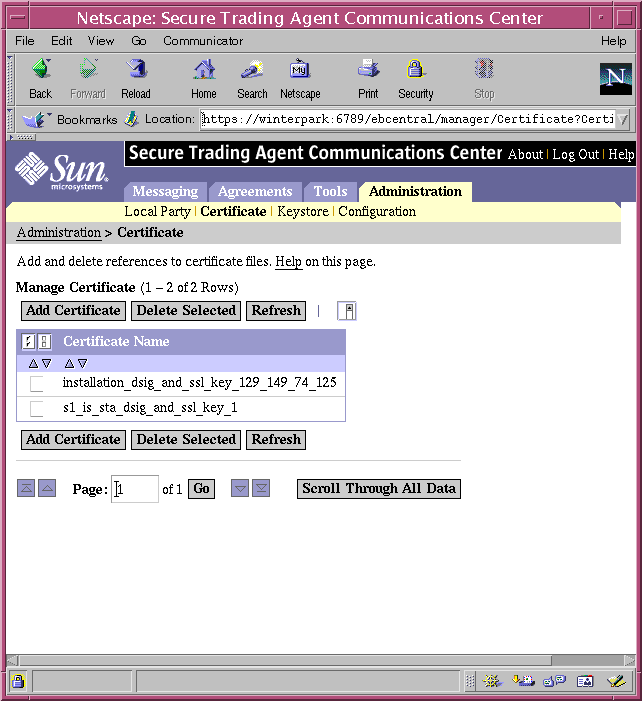 Screen capture of the Communications Center displaying the Manage Certificates page.
