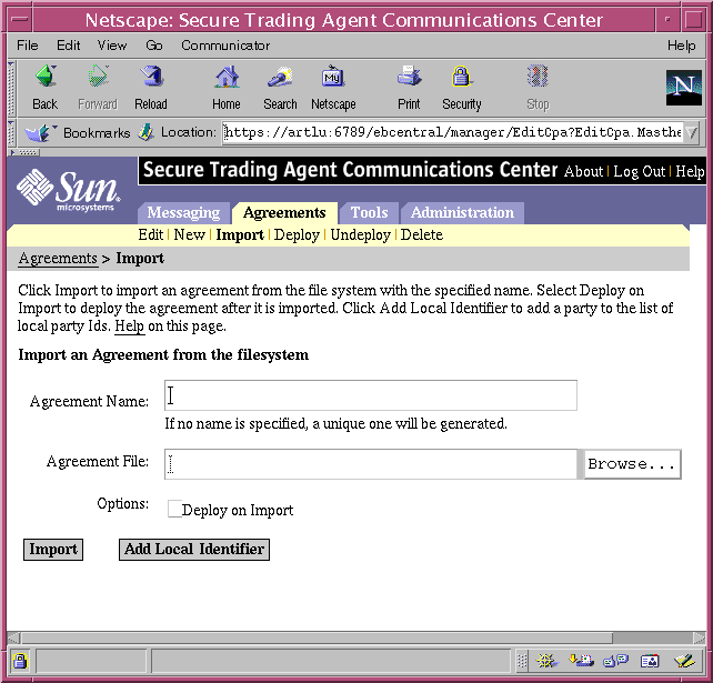 Screen capture of the Communications Center displaying the Import Agreement page.
