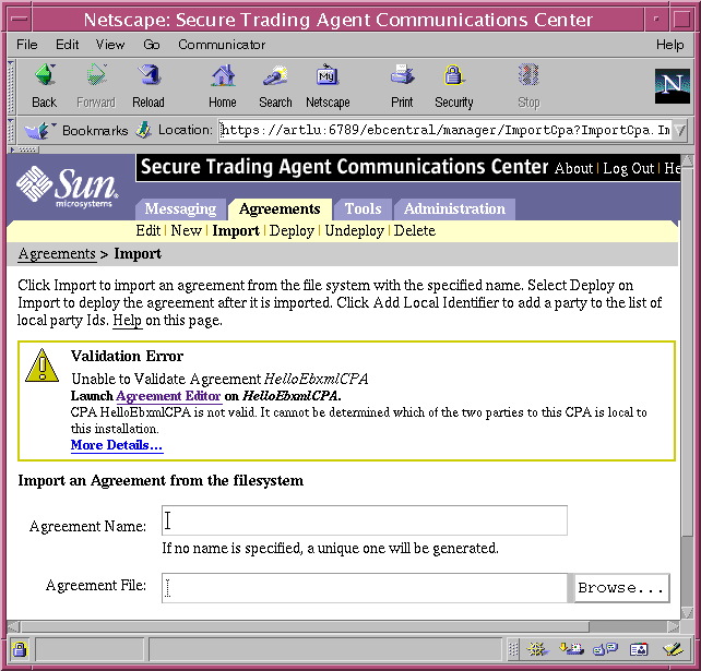 Screen capture of the Communications Center displaying the Import Agreement page with a validation error.
