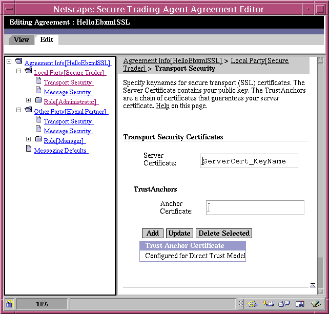 Screen capture of the Agreement Editor displaying the Transport Security page.
