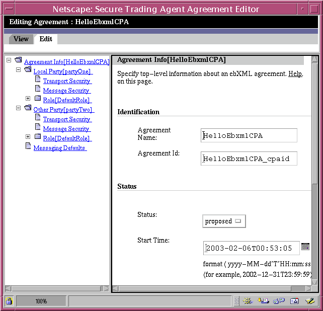 Screen capture of the Agreement Editor displaying the Agreement Information page for the HelloEbXMLCPA agreement.
