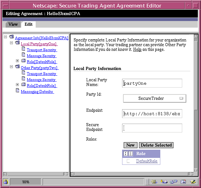 Screen capture of the Agreement Editor displaying the Local Party Information page for the HelloEbxmlCPA agreement.
