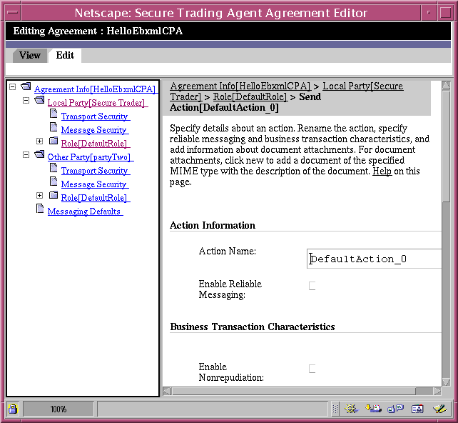 Screen capture of the Agreement Editor displaying the Send Action page for the HelloEbXMLCPA agreement.
