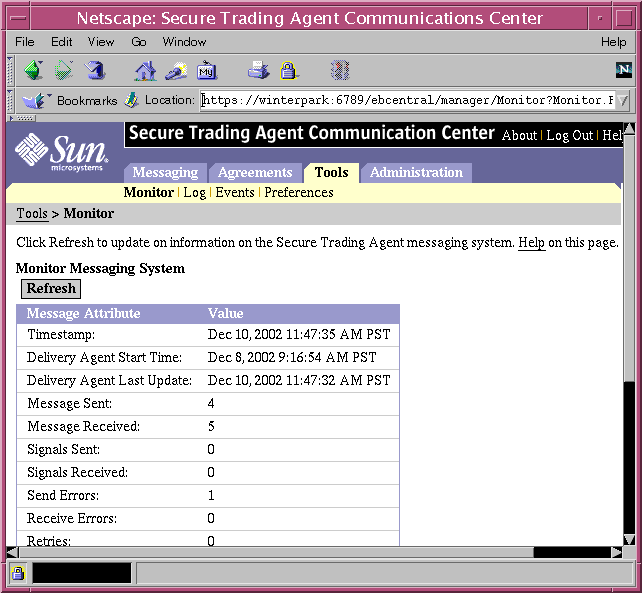 Screen capture of the Communications Center displaying the Monitor Messaging System page.
