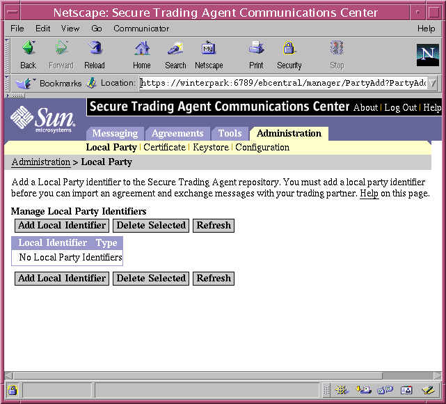 Screen capture of the Communications Center displaying the Local Party page from the Administration tab.
