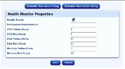 This screenshot shows the Health Monitor Properties table.