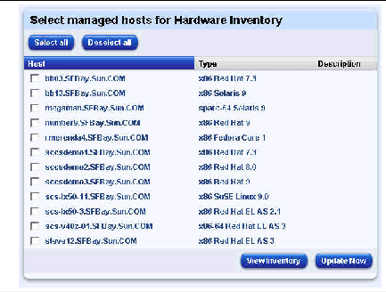 This screenshot shows the Select Managed Hosts for Hardware Inventory table, which you use to select a managed host for which you want to view the hardware inventory. The buttons are Select All, Deselect All, View Inventory, and Update Now. The Select All button is not used for the Inventory functions.