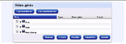 Cette copie d'&eacute;cran illustrer le tableau H&ocirc;tes g&eacute;r&eacute;s. Il contient les boutons Modules, Groupe, Modifier, Supprimer et Ajouter.