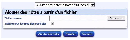 Cette copie d'&eacute;cran illustre le tableau permettant d'ajouter une liste d'h&ocirc;tes &agrave; partir d'un fichier texte. Elle contient les boutons Ajouter des h&ocirc;tes, Planifier et Annuler.