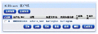 ����Ļ������ʾ��AllStart �ͻ�����������ť���������ӡ��������á��������á������쿴�������޸ġ�����ɾ�����͡�����״̬����