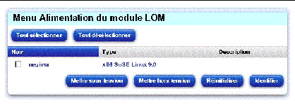 Cette figure présente le menu Alimentation. Les boutons disponibles dans cet écran sont Mettre sous tension, Mettre hors tension, Réinitialiser et Identifier.