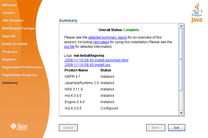 Screen capture showing Message Queue Installer’s
Summary screen. 