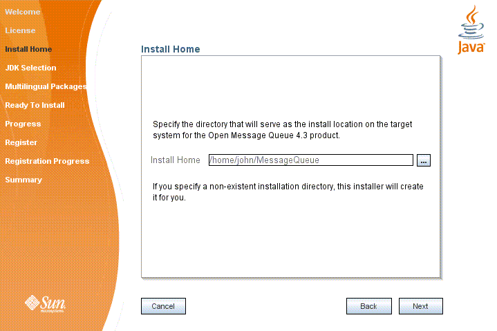 Screen capture showing Message Queue Installer’s
Install Home screen. 