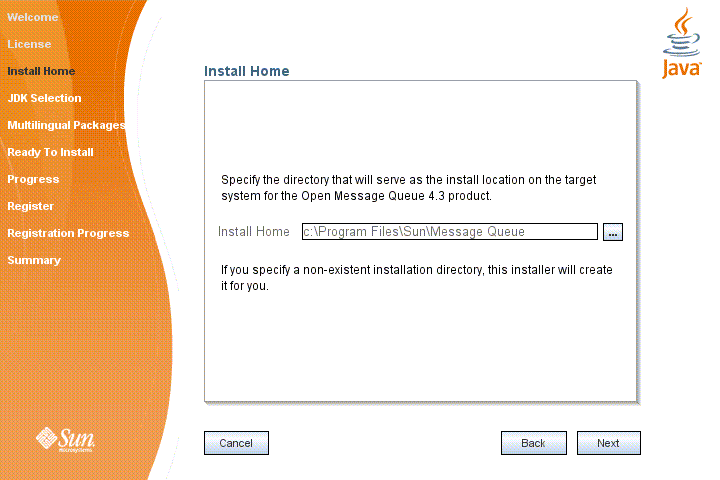Screen capture showing Message Queue Installer’s
Install Home screen. 
