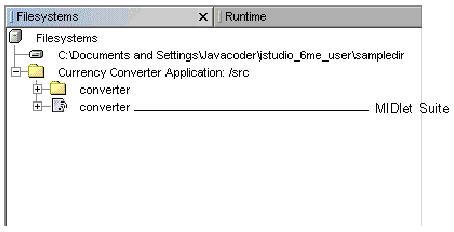 Screenshot of Explorer window menu tree with converter folder and converter MIDlet suite nodes visible. 