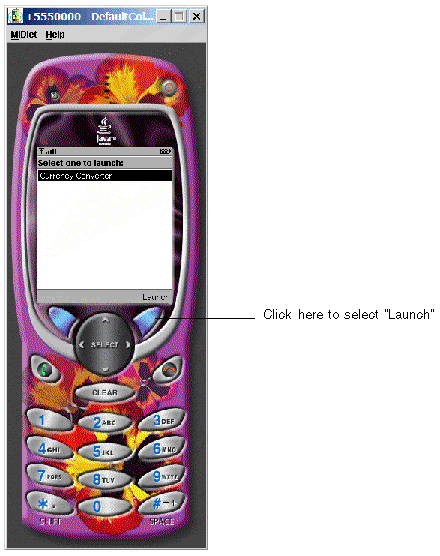 Screenshot of the DefaultColorPhone device emulator, with Currency Converter application displayed in the device.A callout points to the position of the Launch button.