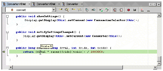 Screenshot of Source Editor window, with return line highlighted and balloon help indicating the value, frval=5.