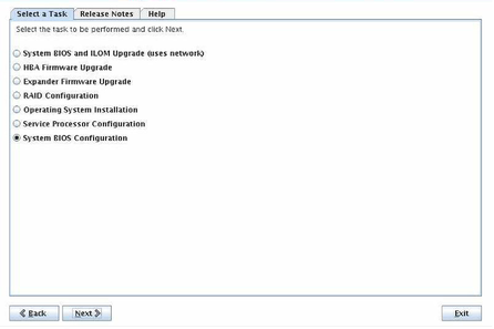 Capture de l'écran Select a Task avec System BIOS Configuration sélectionné.