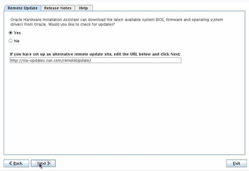 La pantalla Remote Update (Actualización remota) del Asistente de instalación de hardware (HIA) de Oracle.