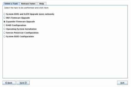 Una captura de pantalla que muestra la pantalla Select a Task (Seleccionar una tarea) con la opción Expander Firmware Update (Actualización de firmware del expansor) seleccionada.