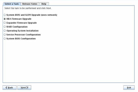  Una captura de pantalla que muestra la pantalla Select a Task (Seleccionar una tarea) con la opción HBA Firmware Update (Actualización de firmware de HBA) seleccionada.