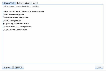 Una captura de pantalla que muestra la pantalla Select a Task (Seleccionar una tarea) con la opción Operating System Installation (Instalación de sistema operativo) seleccionada.