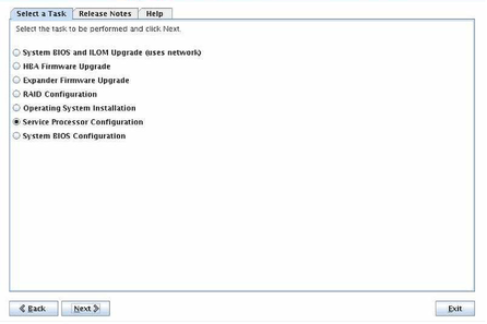Una captura de pantalla que muestra la pantalla Select a Task (Seleccionar una tarea) y la opción Service Processor Configuration (Configuración de procesador de servicio) seleccionada.