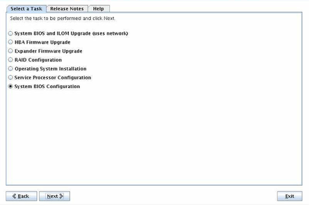 Una captura de pantalla que muestra la pantalla Select a Task (Seleccionar una tarea) con la opción System BIOS Configuration (Configuración de BIOS del sistema) seleccionada.