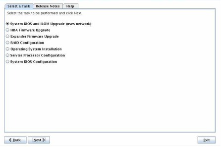 Una captura de pantalla que muestra la pantalla Select a Task (Seleccionar una tarea) con la opción System BIOS and ILOM Upgrade (Actualización de BIOS del sistema e ILOM) seleccionada.