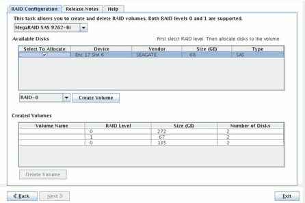 「RAID Configuration Create Volume」画面。