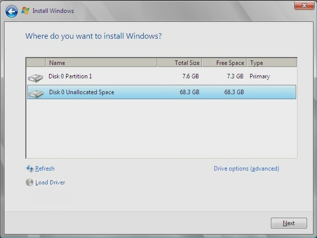 Where Do You Want To Install Windows(Windows를 설치할 위치를 지정하십시오) 화면을 보여 주는 그래픽