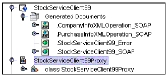 Screenshot of explorer display of web service client, showing Generated Documents node and client proxy node.