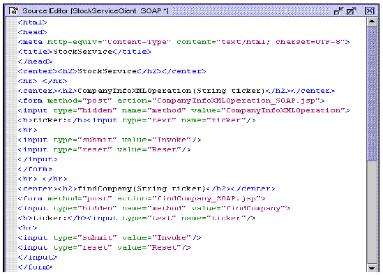 Screenshot of Source Editor display of part of a client welcome page, showing HTML code with JSP references.
