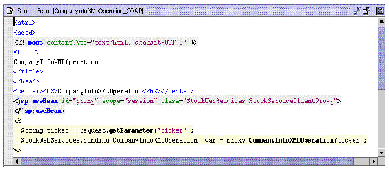 Screenshot of Source Editor display of part of a client JSP page, showing calls to the client proxy.